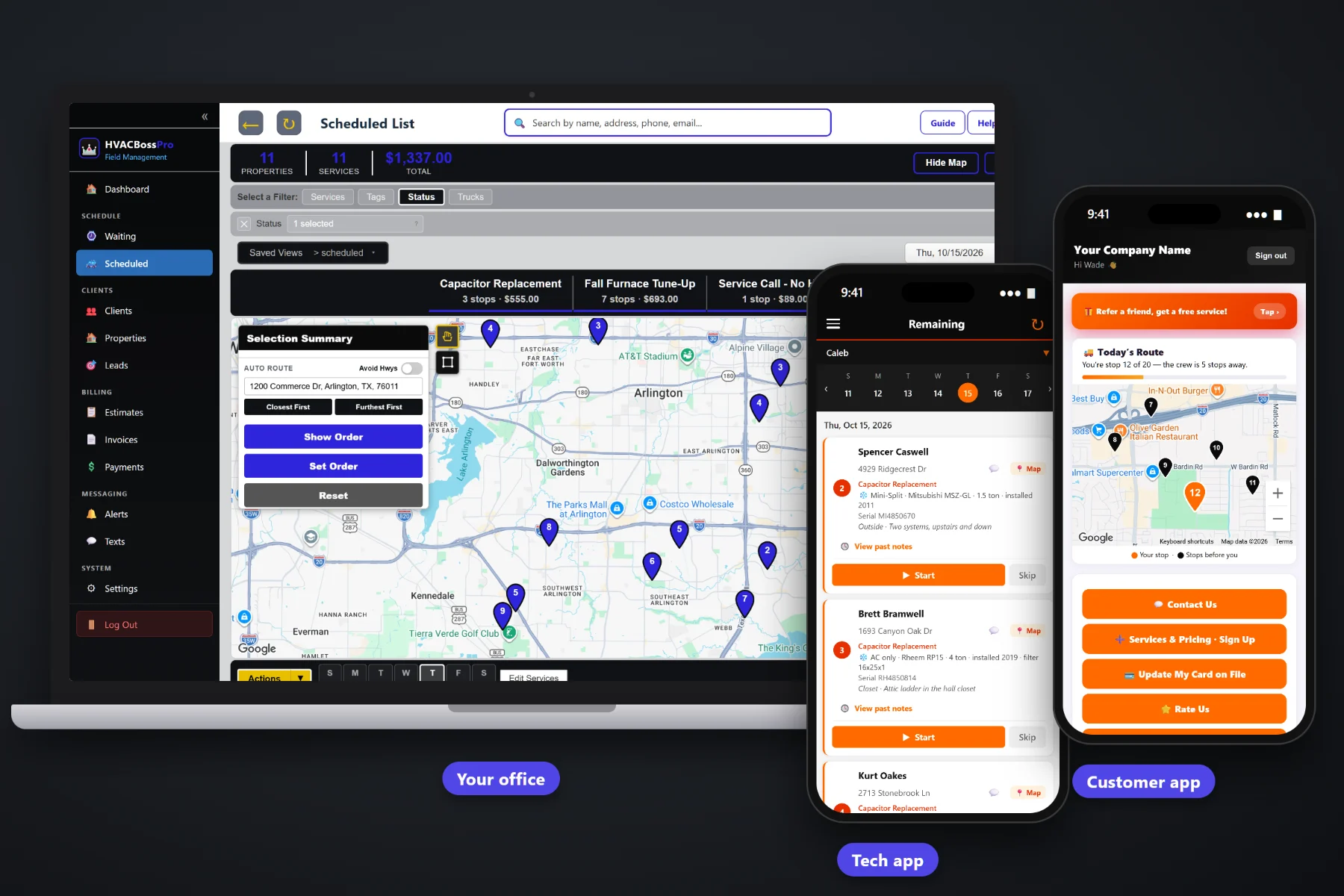 HVACBossPro on a laptop showing the service waiting list and dispatch map, with the tech app and the customer app on two phones